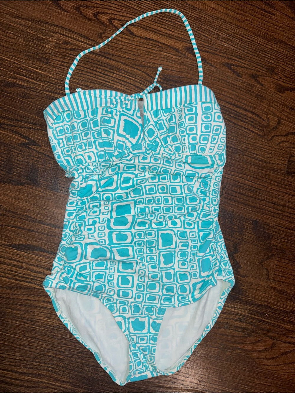 Tommy Bahama Teal and White Geometric Halter One-Piece Swimsuit